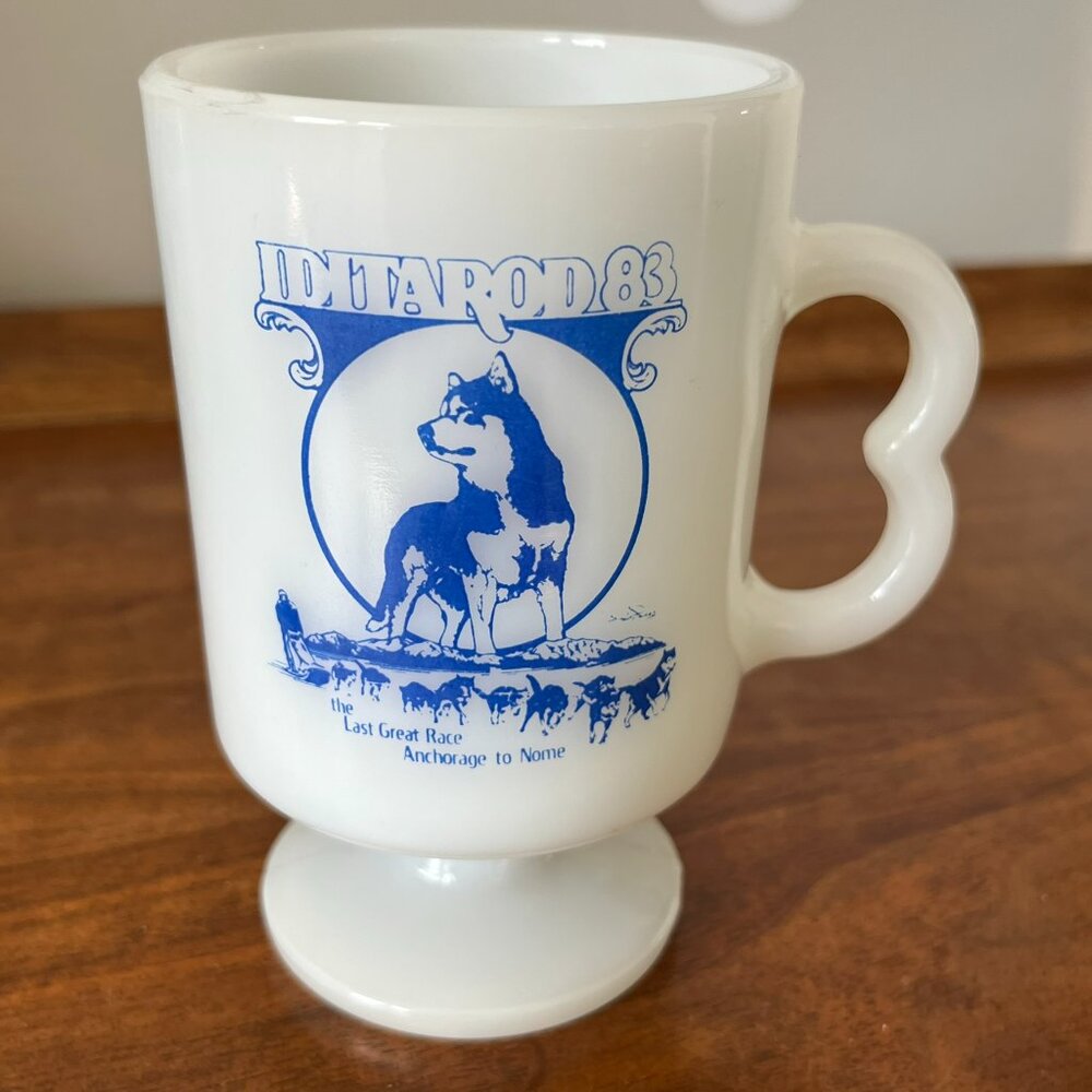 Alaska Iditarod 1983 Milk Glass Mug Last Great Race Sled Dog 83 Vintage Cup USA